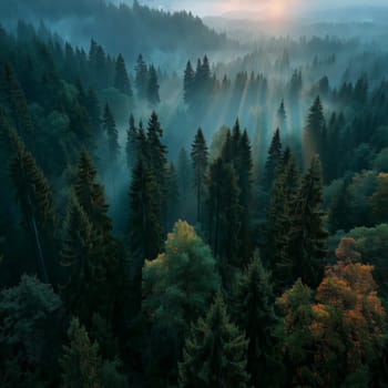 Aerial view of a dense forest at dawn, with sunlight filtering through fog and tree canopies, highlighting autumn colors and serene morning atmosphere.