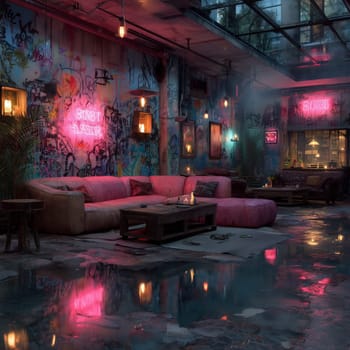 Trendy industrial interior featuring colorful graffiti, pink sofas, neon lights, and a moody atmosphere with puddles on a reflective floor. No people present.