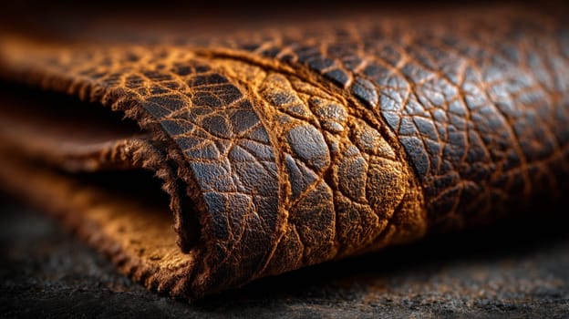 Macro shot of premium leather with visible natural creases, rich texture, and a soft suede interior, showcasing the material's durability and craftsmanship.