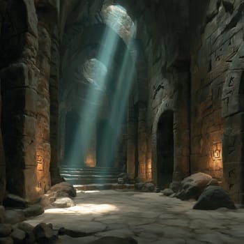 A mysterious underground chamber with stone pillars, glowing ancient symbols, and beams of light streaming through cracks in the ceiling.