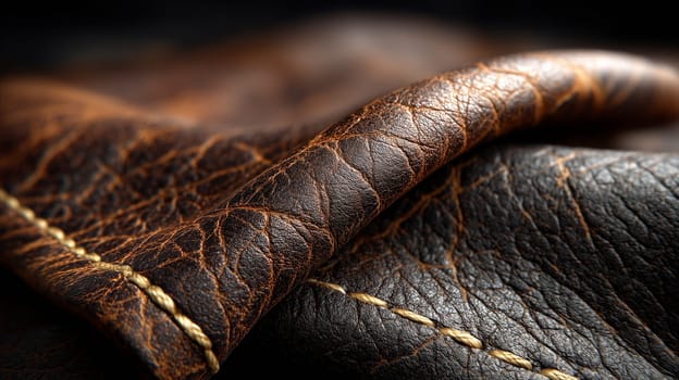 Macro shot of textured, vintage leather with visible stitching, highlighting the intricate details of the material and craftsmanship.