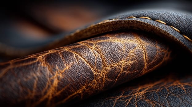 Macro shot of premium brown leather rolled up, showing intricate stitching and a rich texture with visible creases and aged look.