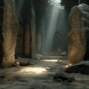 Dark ancient temple interior with glowing rune-covered pillars, worn stone floor, and mysterious closed doorway illuminated by beams of light.