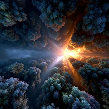 Abstract view of a colorful forest canopy with a radiant sunburst shining through dense fractal trees, creating a dreamlike and atmospheric composition.