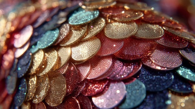 Close-up of overlapping sequins in gold, pink, red, and blue shades, creating a shiny, scale-like pattern. Decorative and festive textile surface.