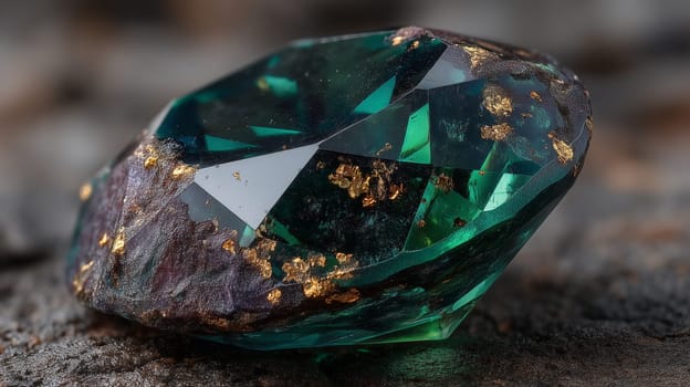 A detailed close-up shot of a green emerald gemstone with visible gold inclusions, showcasing the crystal?s sharp facets and rich colors.