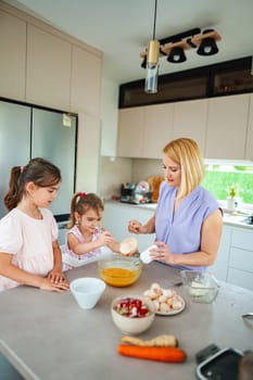 A joyful cooking session with children making a dessert.
