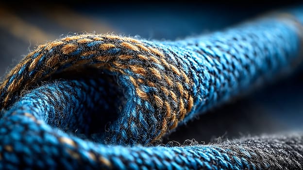 Extreme close-up of a twisted woven textile with blue, brown, and black yarn, showing detailed fibers and texture in a looped shape.