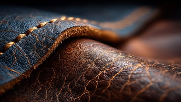 Detailed close-up of two leather pieces with visible stitching, showcasing the textured surface and color contrast of brown and blue leather.