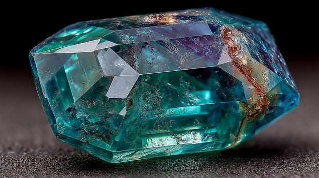Close-up of a blue faceted gemstone with natural inclusions and visible copper-colored mineral veins, placed on a dark textured surface.