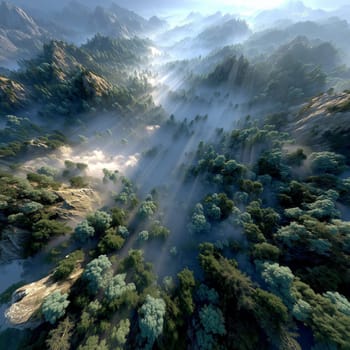 Aerial view of a vast mountain valley covered in mist and dense forest, with dramatic sunbeams casting long shadows in the early morning light.