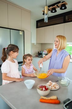 A joyful moment of three family members baking together.