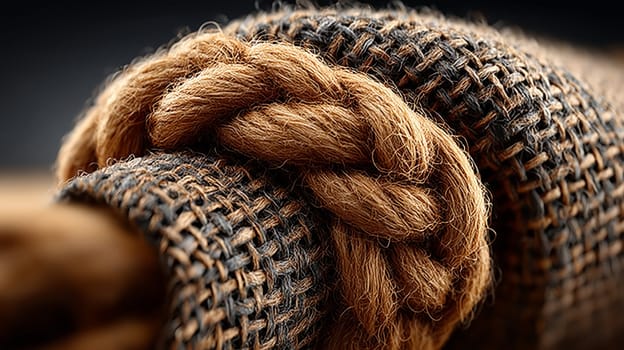 Macro shot of a jute rope tied in a knot resting on coarse woven burlap fabric, highlighting the texture of the natural fibers and the intricate knotwork.