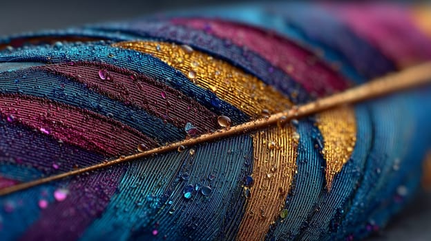 A detailed macro shot of a colorful feather showcasing vibrant hues of blue, purple, and gold, with water droplets on the surface, highlighting the texture.