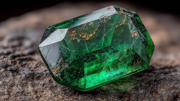 A close-up of a green emerald crystal with natural gold inclusions, showcasing its sharp facets and vibrant color with a detailed, macro perspective.