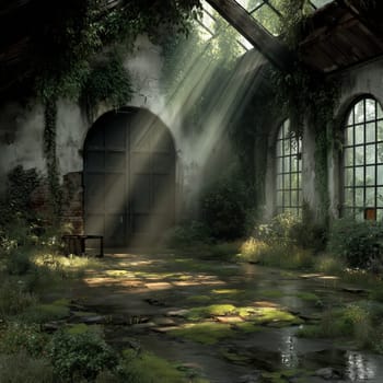 Rays of sunlight shine through a damaged roof into an abandoned structure with moss-covered floor, arched windows, and dense overgrown vegetation.
