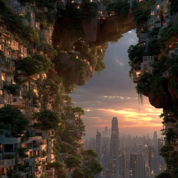 Towering vertical eco-architecture blends nature and technology above a futuristic city skyline at sunset, with lush vegetation on high-rise structures.