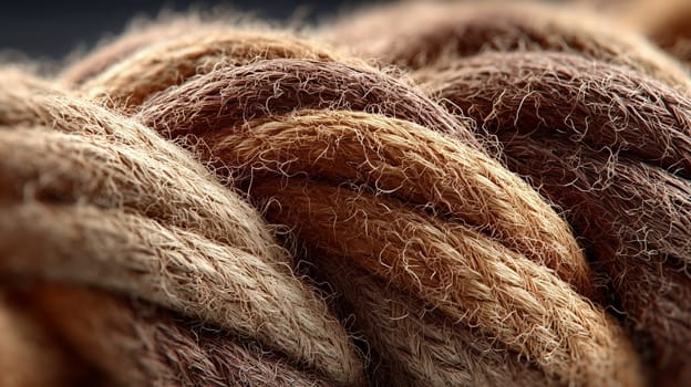 A macro view of intertwined hemp rope, showing the detailed texture and natural fibers in varying brown tones, highlighting its strength and rustic appearance.