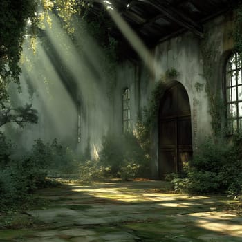 Light streams through the roof of a deserted building, illuminating wild plants, mossy stone floor, and a dark wooden door surrounded by climbing ivy.