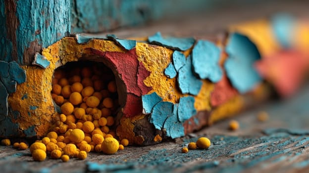 Close-up of vibrant peeling blue and yellow paint with yellow spherical particles spilling out from the crack, showcasing intricate textures and details.
