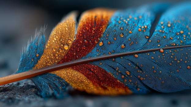 Macro shot of a vibrant feather featuring shades of blue, red, and orange with sparkling water droplets, highlighting its delicate texture and natural beauty.