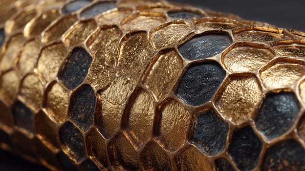 Close-up of an abstract surface with gold and black hexagonal tiles. Shiny textured material resembling armor or reptile skin with a luxurious finish.