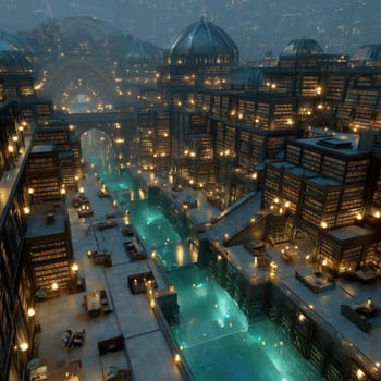 Majestic library complex with towering bookshelves, glowing turquoise canals, domed roofs, and ambient lighting in a dreamy, fantastical setting. No people.