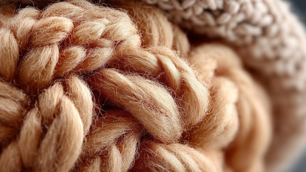 Extreme close-up of fluffy beige braided yarn, showing detailed natural fibers and soft texture in warm, neutral tones. Ideal for textile or craft themes.