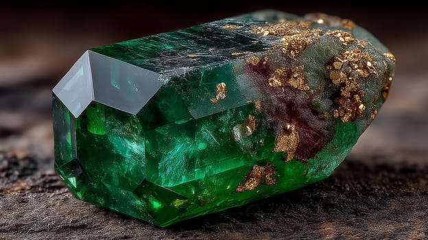 Close-up of a faceted green emerald crystal partially covered with natural gold and mineral deposits, displayed on a textured stone surface.
