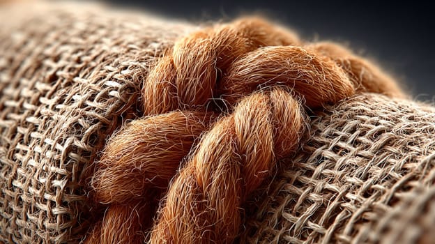 Macro shot of a thick twisted rope knot made of natural fibers resting on coarse woven burlap, highlighting texture and material detail.