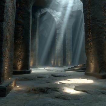 An ancient, mystical temple with stone pillars covered in glowing hieroglyphs, illuminated by beams of light filtering through cracks in the ceiling.