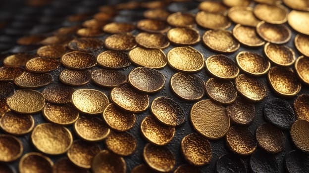 Close-up view of overlapping golden metallic scales on a dark textured surface. Abstract pattern resembling armor or reptile skin with reflective shine.