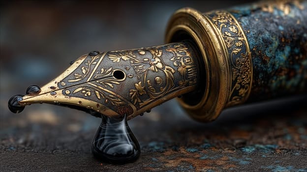 Macro shot of an intricately designed vintage fountain pen with a droplet of black ink, highlighting the detailed craftsmanship and elegant materials.