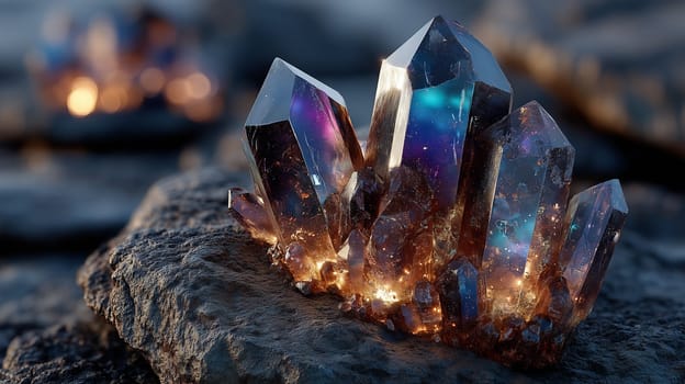 Close-up of a glowing rainbow quartz cluster with iridescent hues and golden inclusions, resting on a rock with a soft, blurred evening background.