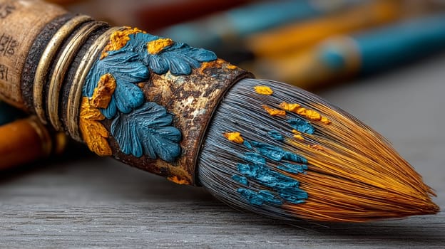 Macro shot of an old paintbrush with cracked metal ferrule and dried blue and yellow acrylic paint on the bristles, resting on a wooden surface.
