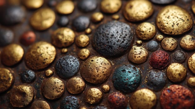 Close-up of textured metallic bubbles in gold, bronze, and oxidized tones. Artistic abstract surface with a 3D effect and weathered look.