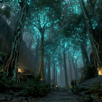 Enchanted forest scene featuring tall trees with glowing blue bioluminescent branches and circuit-like patterns in a misty, magical atmosphere.