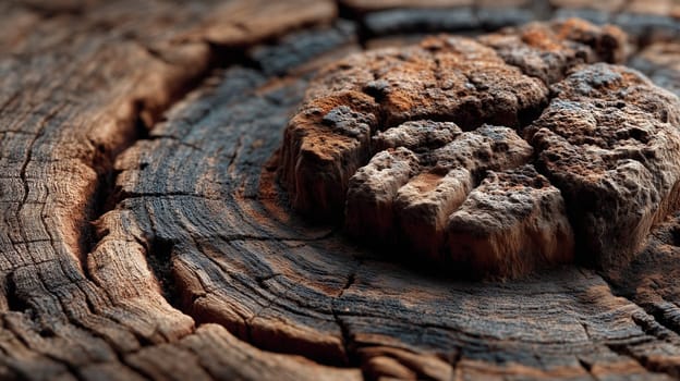 A close-up shot of a weathered tree stump with visible growth rings, cracks, and rough textures, showcasing the natural aging of wood.