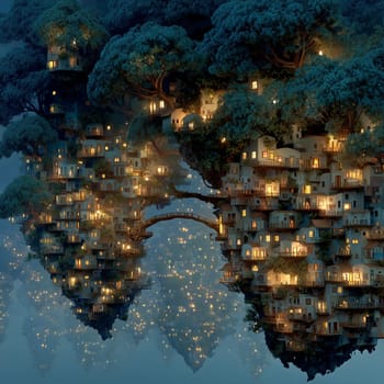 Surreal floating village of glowing homes nestled in trees with arched bridges and misty reflections in the sky, creating a dreamy, magical world.