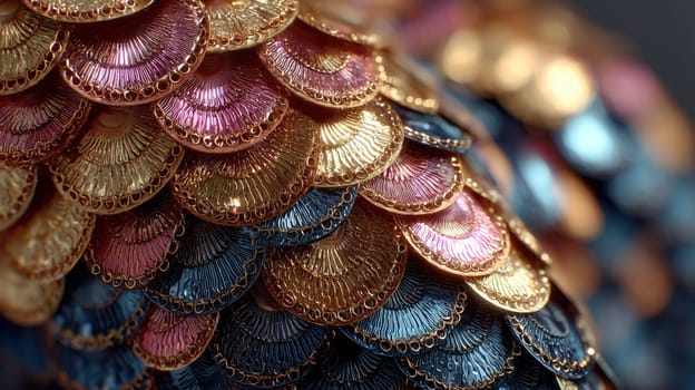 Close-up of ornamental metallic scales with embossed textures in gold, pink, and blue hues. Overlapping pattern resembling stylized dragon or fish scales.