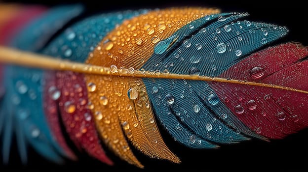 A vibrant, macro shot of a colorful feather with droplets of water on its surface. The feather displays intricate details and rich hues of blue, orange, and red.
