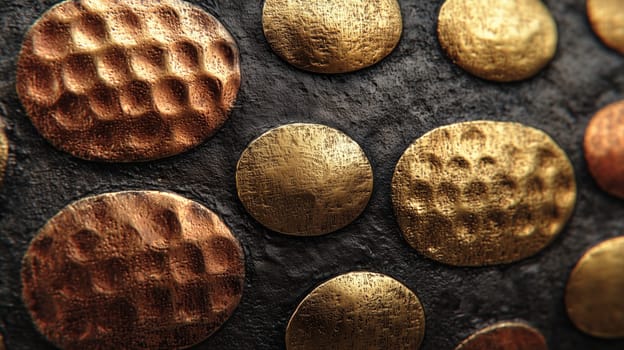 Close-up of round hammered metal discs in gold and copper tones placed on a dark textured surface. Abstract metallic design with rich detail.