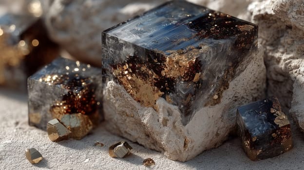 Close-up of shiny gemstone cubes with metallic gold inclusions resting on rough beige stone, showcasing texture contrast and mineral detail.