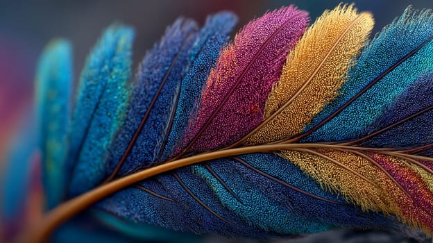 A stunning macro shot of a feather displaying rich, iridescent colors, featuring shades of blue, purple, and gold, with fine textures and intricate details.