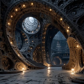 Complex sci-fi interior featuring enormous curved structures, glowing lights, and a surreal, high-tech atmosphere in shades of blue and gold.