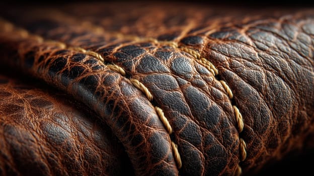 Macro shot highlighting the intricate texture and stitching of worn brown leather, showcasing the craftsmanship and durability of the material.