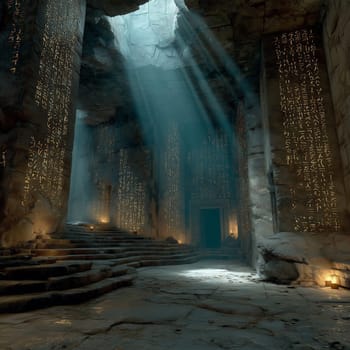 An ancient stone chamber illuminated by beams of light, with glowing inscriptions on the walls and a sense of mystery and history.