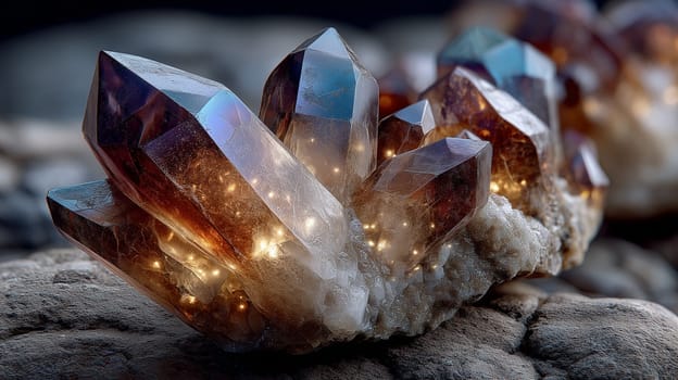 Close-up of a smoky quartz cluster with pointed crystals and glowing inclusions, resting on a rugged stone surface in a softly lit environment.