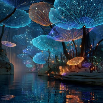 Surreal glowing forest filled with giant bioluminescent mushrooms reflecting in calm water under a mystical blue and orange light.