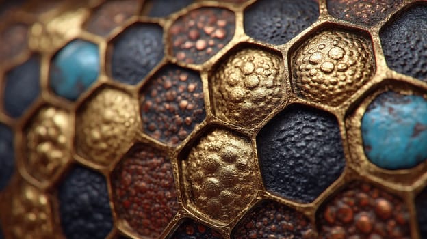 Close-up of a decorative hexagonal surface with raised textures in gold, copper, and turquoise tones. Abstract metallic mosaic with artisan detail.